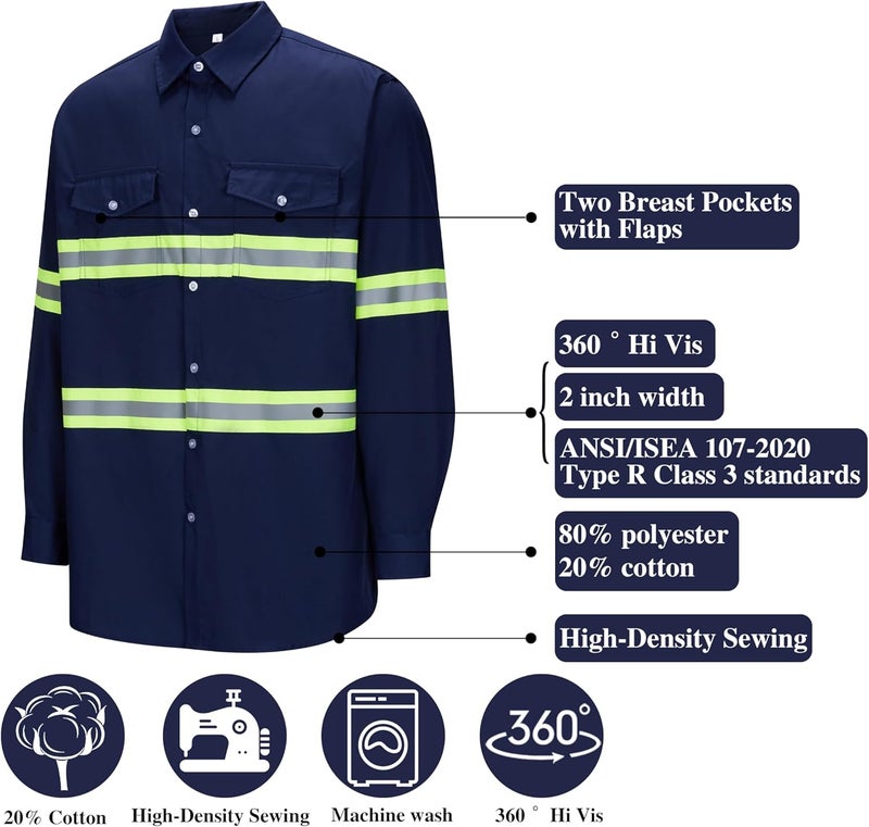 Ousafeve Class 3 Hi Vis Button Up Safety Work Shirts for Men Reflective - Image 2